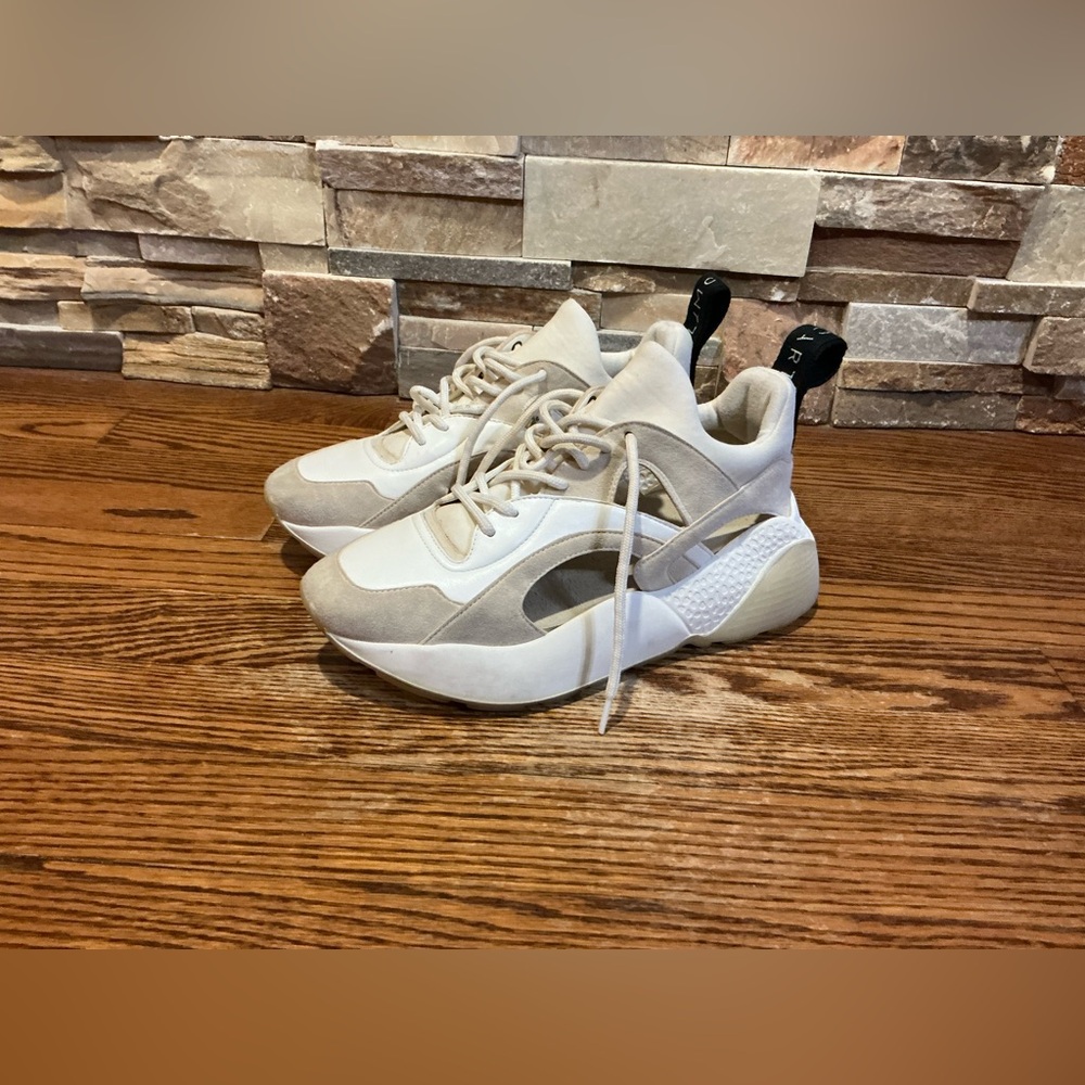 Stella McCartney White/Cream Faux Leather and Suede Cut Out Eclypse Sneakers